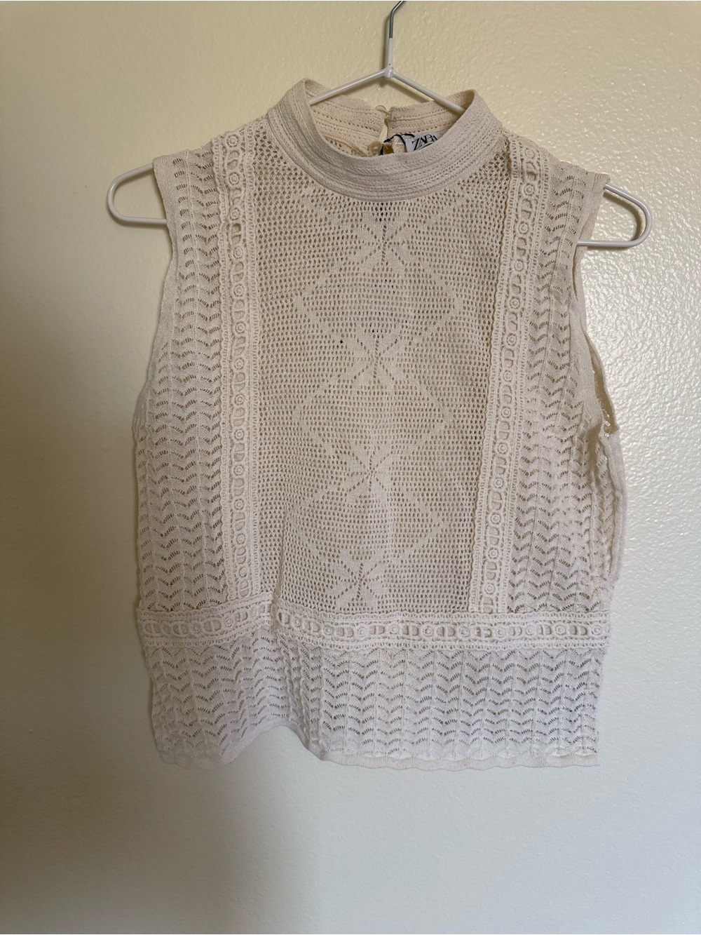 Zara Cream Crochet Mock Neck Sleeveless Top